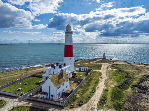 Portland Bill Lighthouse from a drone, Portland Bill, Isle of Portland, Dorset, England, United