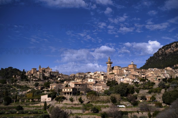 View of the mountain village of Valldemossa, Church Iglesia de la Cartuja, Real Cartuja (Royal