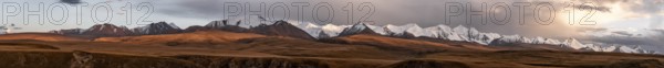 Panorama, Glaciated and snow-capped mountains, dramatic landscape at sunset, autumnal mountain