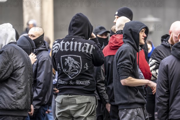 The neo-Nazi group Jung und Stark, JS, demonstrates in the city centre of Essen, demanding the