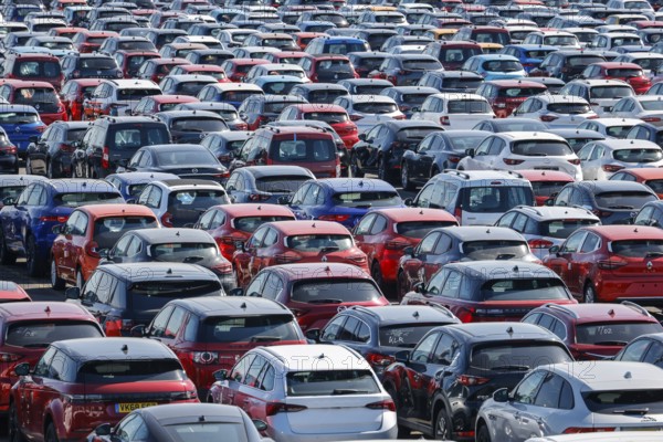 Duisburg, North Rhine-Westphalia, Germany - New cars, transhipment centre, car terminal in Duisburg