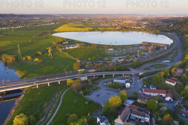 Aerial view of the reservoir with buildings of the former Niederwartha pumped storage plant, in the
