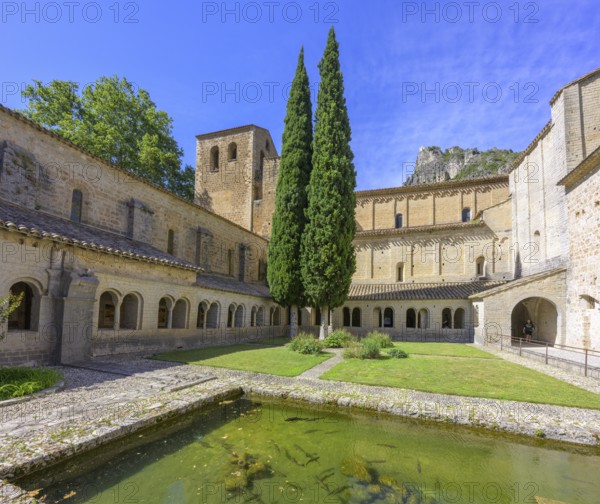 Fish pond and cloister in the abbey of Gellone, also Saint-Guilhem-le-Désert monastery, Département