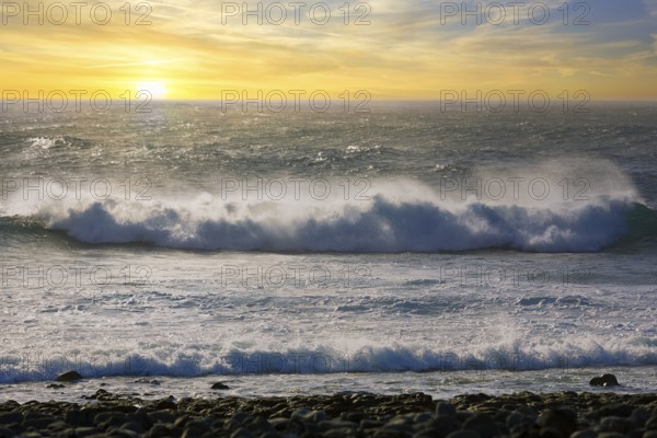Surf on the west coast, black lava coast, coastline, sunset, El Golfo, Yaiza, Lanzarote, Spain,