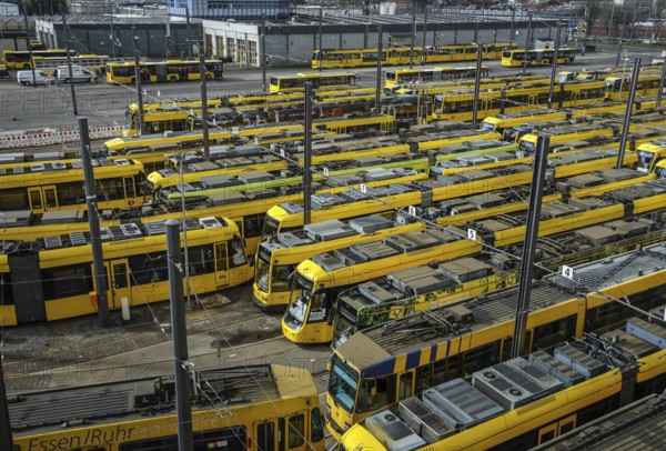 Essen, North Rhine-Westphalia, Germany, Trams at Ruhrbahn depot, Verdi and EVG warning strike,