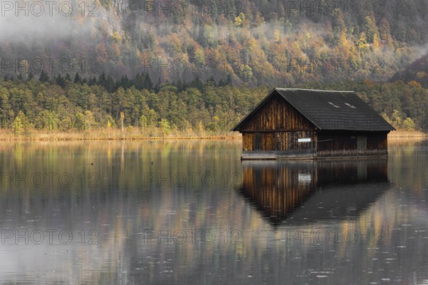 A boatshelter at lake Almsee. The forest in the background in full fall foliage and some fog above