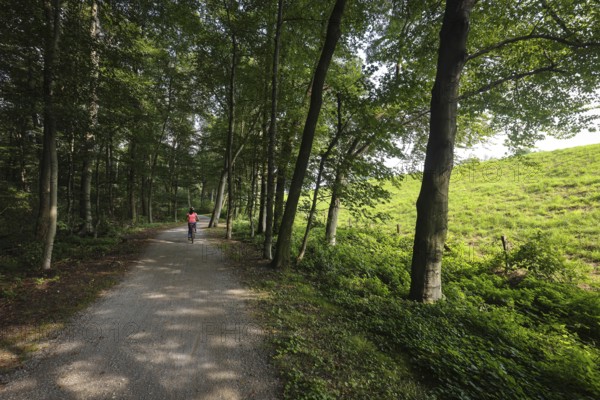 Bottrop, North Rhine-Westphalia, Germany - Cyclists ride on the Emscher-Weg, a cycle and footpath
