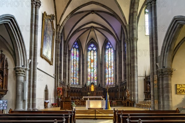 Interior of the Roman Catholic church of St-Grégoire or St Gregory in Ribeauville, Alsace, France,
