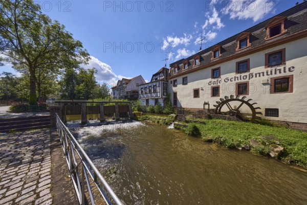 Castle mill, river Mümling, watermill, half-timbered house, historical building, metal railing,
