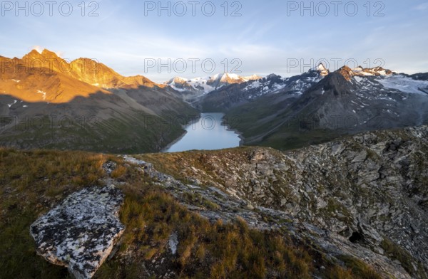 Picturesque mountain landscape at the summit Mont de la Blana at sunset, view of blue mountain