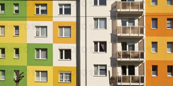 Geometrically and colourfully designed apartment buildings of a housing association, Halberstadt,