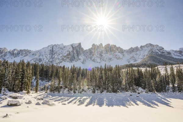 Beautiful landscape of the Mountain silhouettes of the Sexten Dolomites on a sunny winter day,