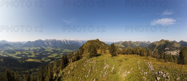 Drone shot, summit of the Einberg with a view of the Lammertal and Tennengebirge mountains,