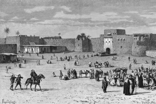 Marketplace at the northern city gate of Baghdad, merchants, trade, city wall with battlements,