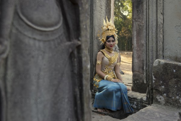Young woman dressed as a temple dancer, Apsara, Bayon Temple, Angkor Wat, Angkor, UNESCO World