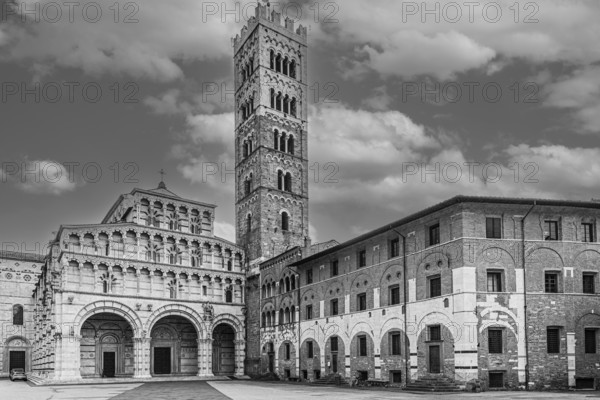 The Cathedral of San Martino, historic city centre, black and white photo, Lucca, Tuscany, Italy,