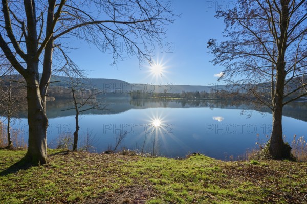 Lake with trees at sunrise, Freudenberg am Main, Untermain, Spessart, Odenwald, Franconia,