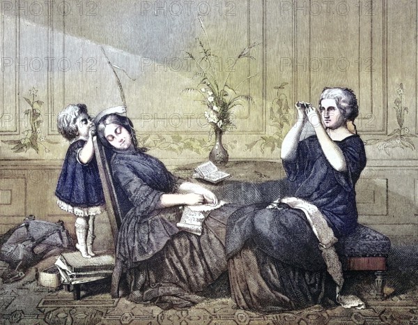 Orphan teasing his sleeping nanny with a blade of grass, 1880, Historic, digitally restored