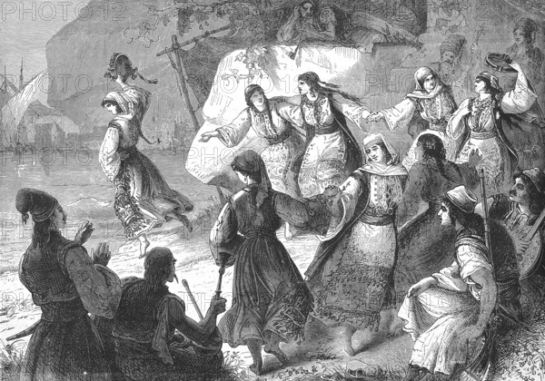 Women in traditional traditional costume dancing Romaika, a folk dance from Greece, in 1869,