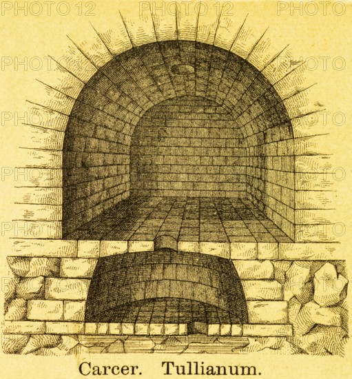 Carcer Tullianum or Tullianus, Roman prison, underground room, cellar vault, stone wall, title,