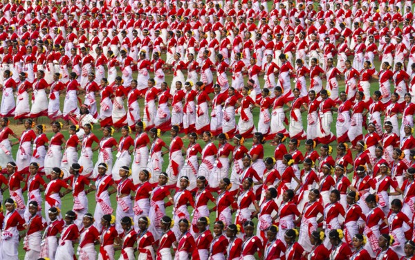 Several thousands of dancers perform traditional Jhumur dance, as they full dress rehearse on the
