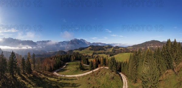 Drone shot, view from the Moosegg high plateau to the Hoher Göll, Golling, Osterhorn group,