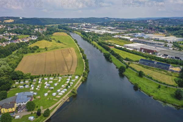 Hattingen, North Rhine-Westphalia, Germany - Cityscape on the Ruhr, Ruhr promenade, in front a