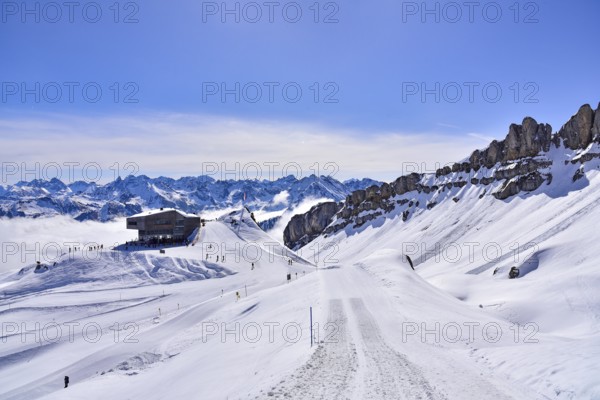 On the right the rock faces of the Hoher Ifen (2230 m) in Kleinwalsertal, on the left the mountain