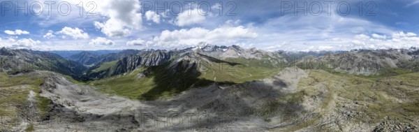 Panorama, mountain landscape with mountain hut Glorer Hütte and summit Großglockner, aerial view,