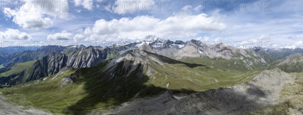 Panorama, mountain landscape with mountain hut Glorer Hütte and summit Großglockner, aerial view,