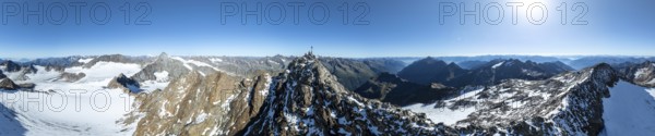 Panorama at the summit of the Wilder Freiger with summit cross and with glacier Übeltalferner and