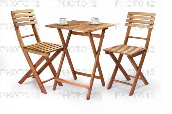 Balcony or bistro set, 2 folding chairs and wooden end table in front of a white background, two
