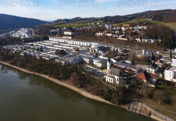 Drone image, housing estate, apartment blocks and high-rise estate, Puchenau, Linz Land district,