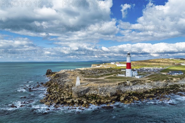 Portland Bill Lighthouse from a drone, Portland Bill, Isle of Portland, Dorset, England, United