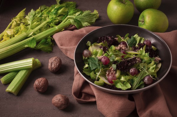 Fresh, Waldorf salad, celery stalk with chicken, apple and walnut, grapes, herbs, homemade, no