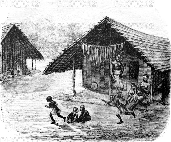 Everyday life of indigenous families on the Congo River, children playing outdoors, people sitting