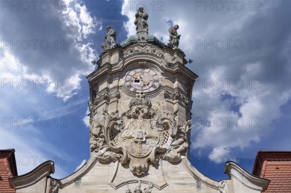 Clock tower of the castle church in the courtyard of the Ellingen Residence, Ellingen, Middle