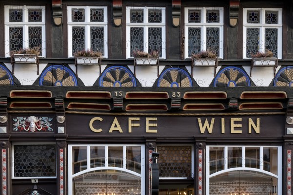 Half-timbered house from 1583, listed building, Cafe Wien, Old Town, Wernigerode, Harz,