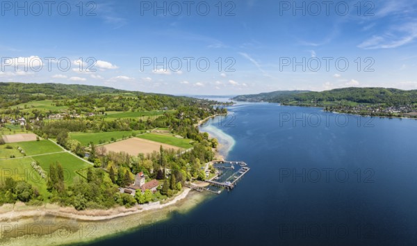Aerial view, panorama of Oberstaad Castle, also Jacques Schiesser House on the southernmost part of