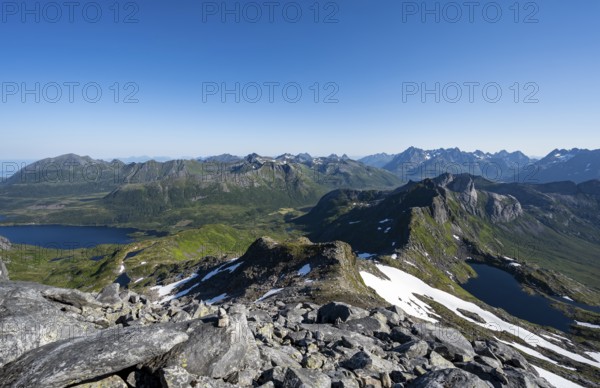 Mountains and fjord landscape, view from the summit of Rundfjellet, Lake Hellskarvatnet, Svolvaer,