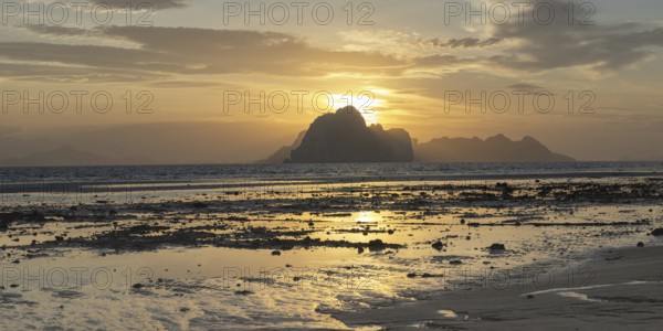 Structures in the sand, sunrise at low tide on the beach of Koh Ngai Island, Andaman Sea, Satun