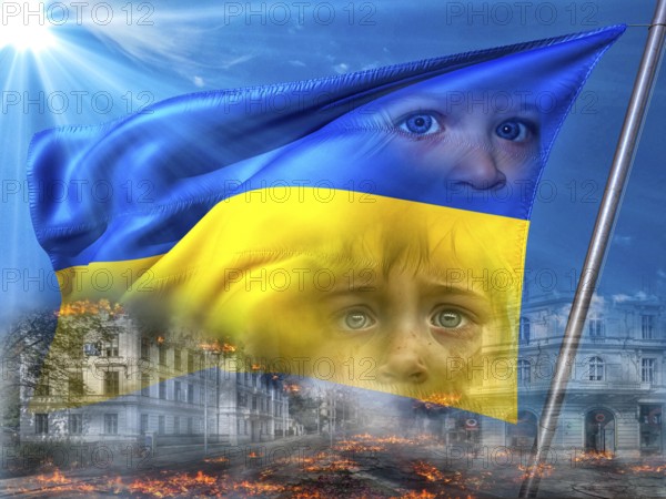 Symbolic image, Ukraine flag in front of a bright sky, sad children's eyes, bombed city, Donald