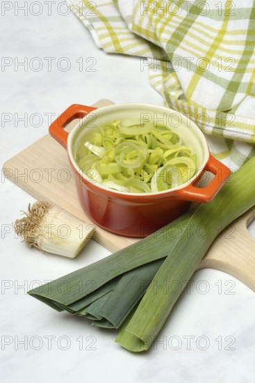 Leek, leek sticks and leek rings in a bowl