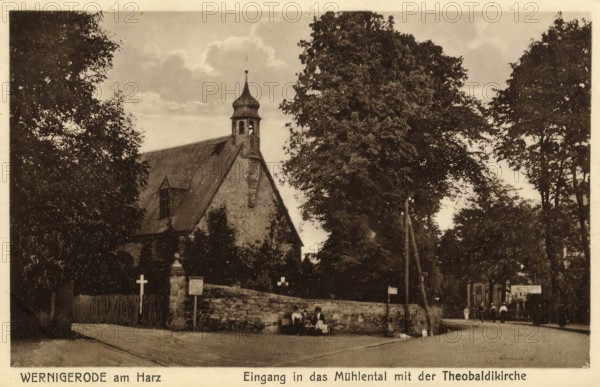 Historical postcard, picture postcard, entrance to the mill valley with the Theobaldi church in