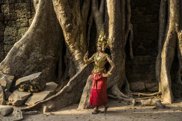 Young woman dressed as a temple dancer, Apsara, Ta Prohm, Angkor Wat, Angkor, UNESCO World Heritage