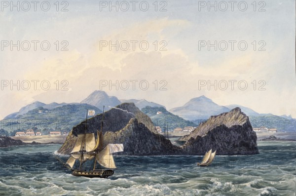 Harbour of Sao Miguel Island, Saint Michael, Azores, Portugal, digital reproduction of a painting