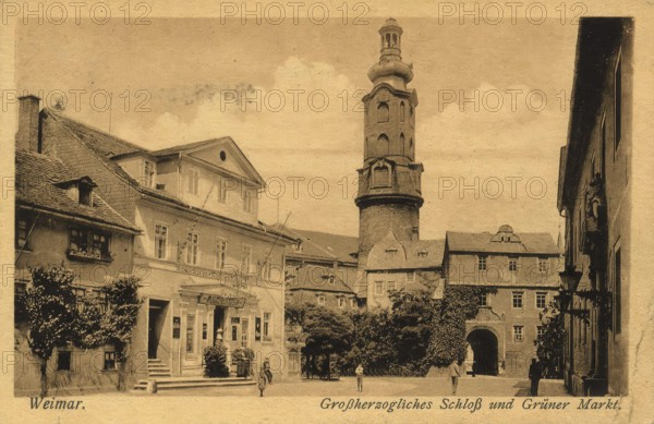 Historical postcard, picture postcard, Grand Ducal Palace and green market, Weimar, Thuringia,