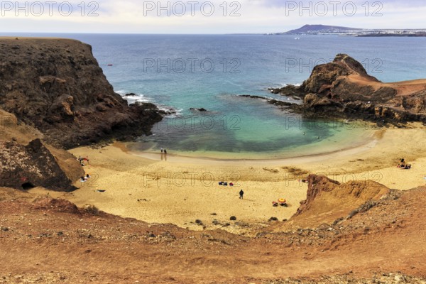 Bay with sandy beach, cliffs, Playas de Papagayo, Monumento Natural de Los Ajaches nature park