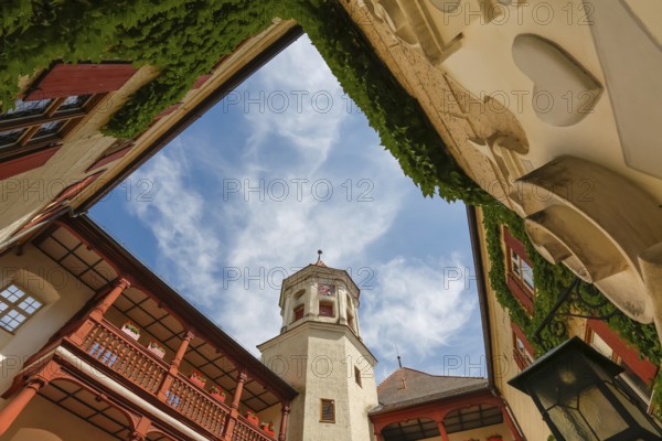 Brenz Castle, Renaissance castle from the 17th century, tower, clock, inner courtyard, wooden