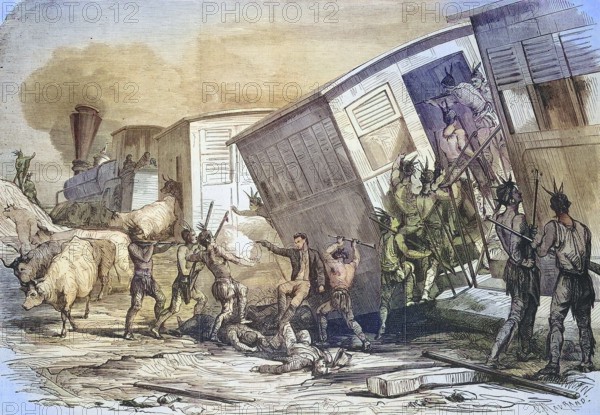 Sioux Indians attacking a train on the Pacific Railroad line in the western United States, 1869,